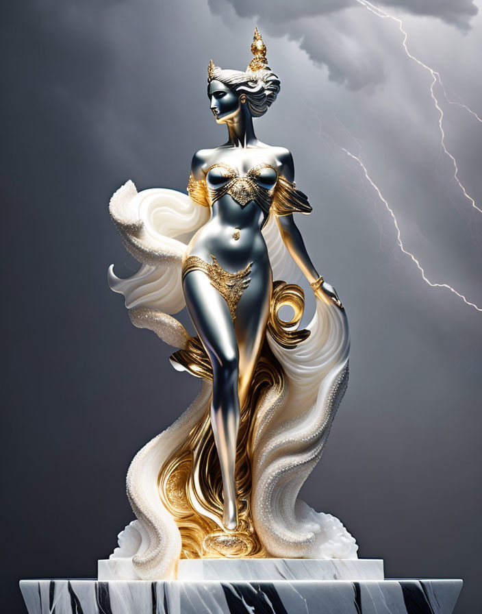 Metallic female figure on gold-detailed base under stormy sky