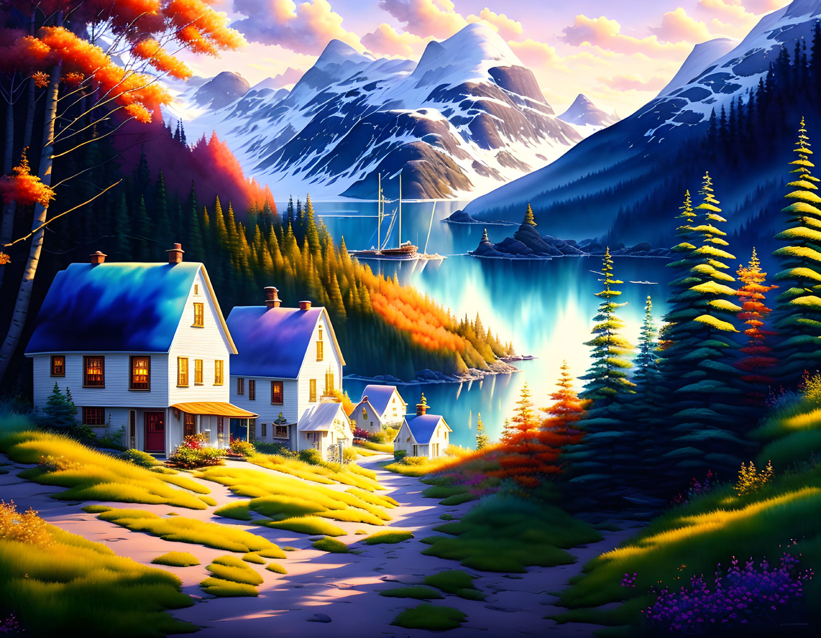 Serene lakeside scene with cozy houses, lush trees, and towering mountains