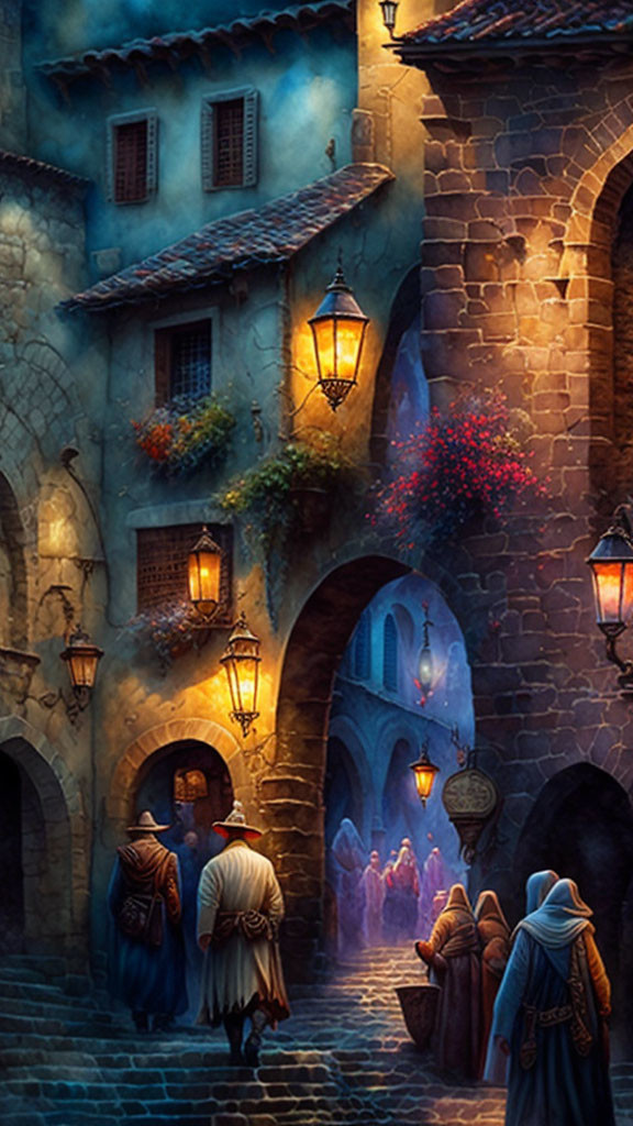 Medieval cobblestone alley with lanterns, period attire, and flowering balconies