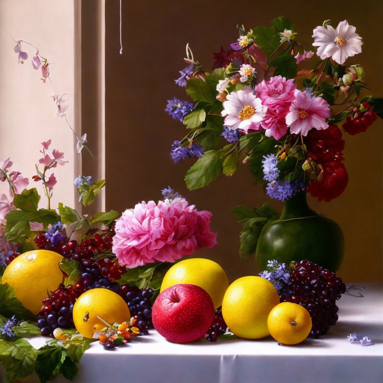 Vibrant Flowers and Fruits Still Life Painting on Table