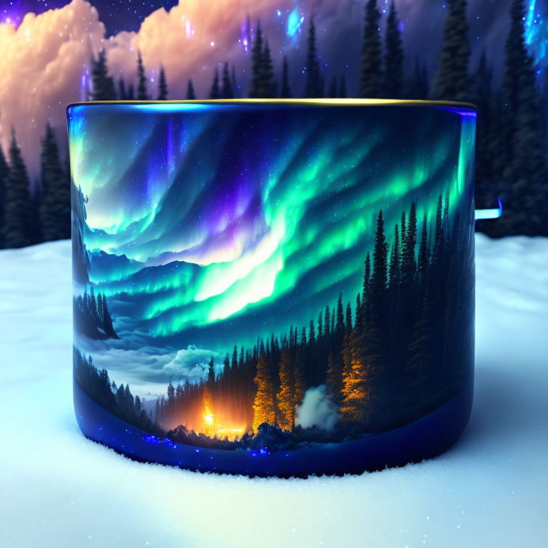 Cylindrical Object with Aurora Borealis Over Nighttime Pine Forest