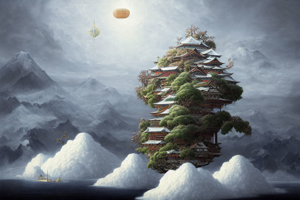 Multilayered pagoda on floating clouds with mountains, boat, and hot air balloon