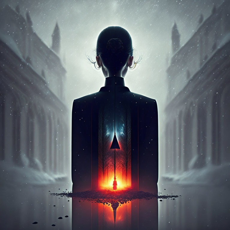 Silhouette person gazes at luminous triangular portal between symmetrical buildings under snowy twilight sky