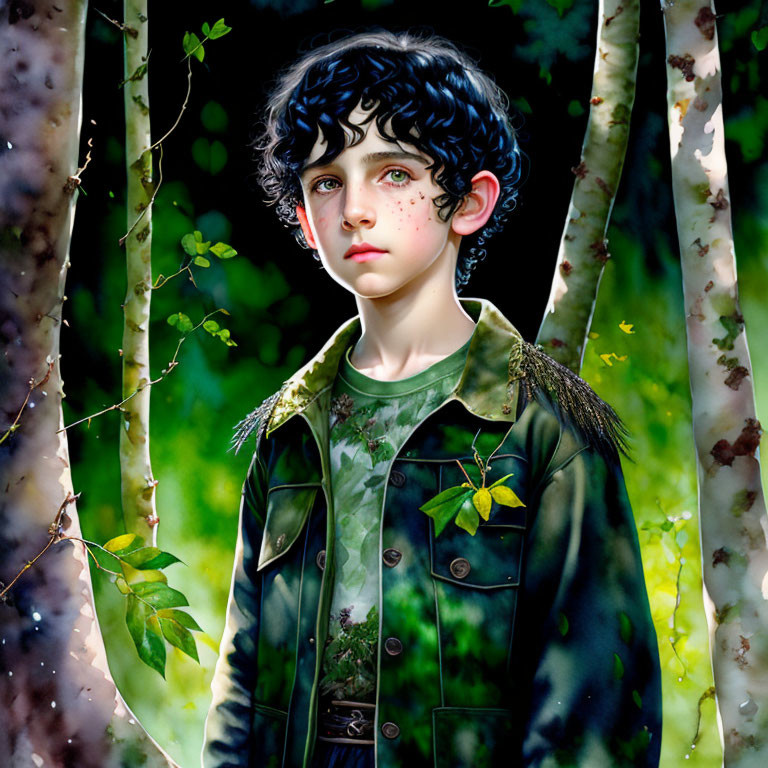 Young boy with curly dark hair in green jacket in sunlit forest