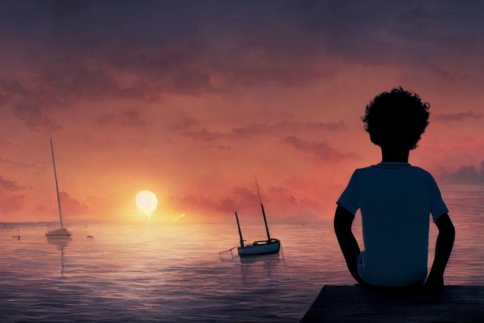 Person sitting on dock at vibrant sunset with boats on tranquil water