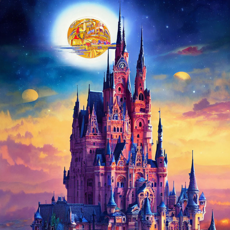 Fantastical castle with spires in vibrant sunset sky and airship.