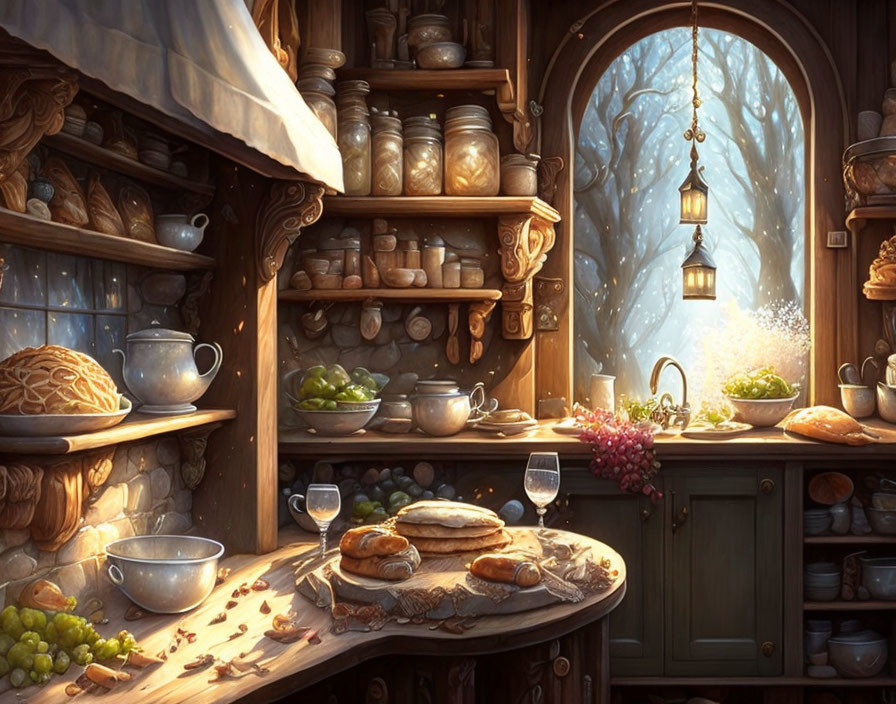 Warm Kitchen Scene with Baked Goods, Snowy View, and Lantern