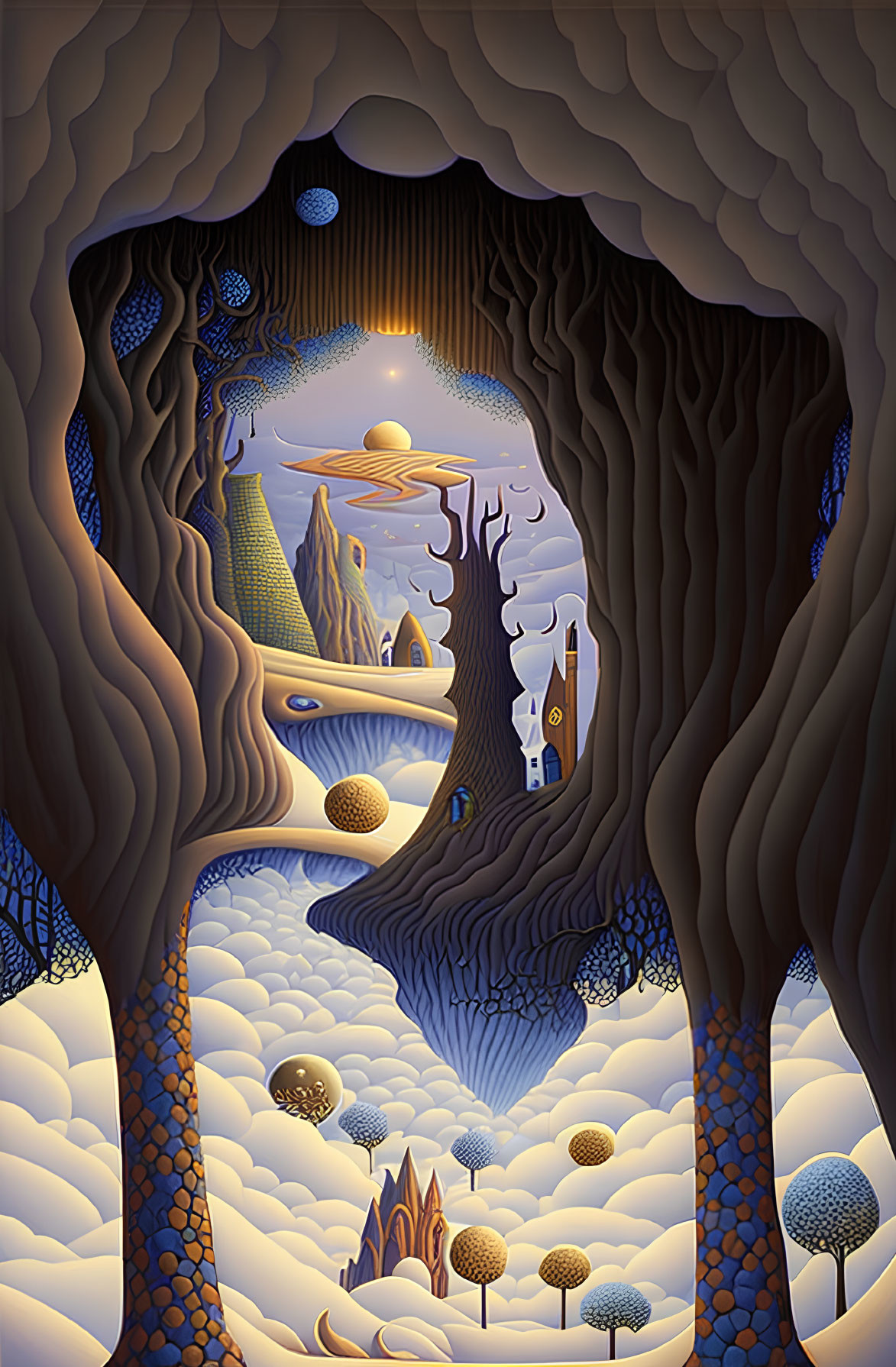 Surreal landscape featuring portal-like tree and whimsical scenery