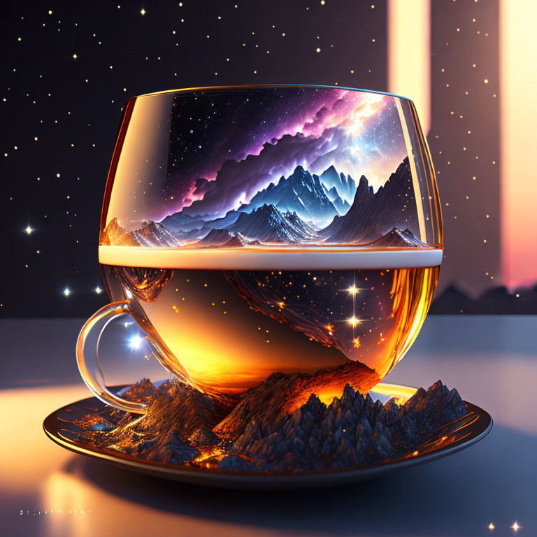 Digital artwork: Transparent cup with mountain landscape and galaxy reflection in liquid