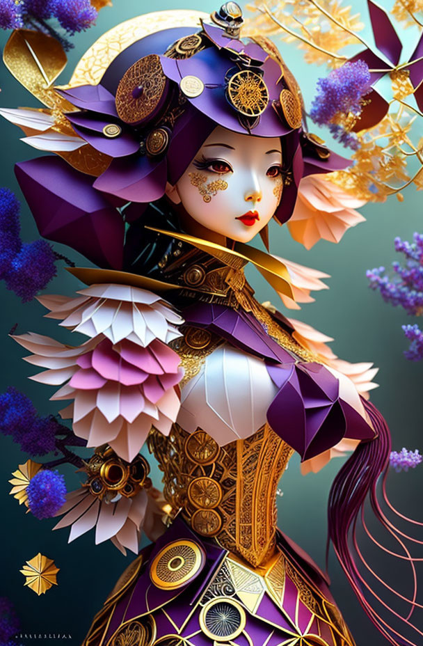 Illustrated Female Figure in Traditional Asian Attire with Gold Accents