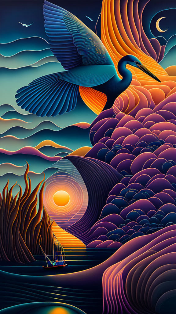 Stylized digital artwork of heron flying over colorful waves