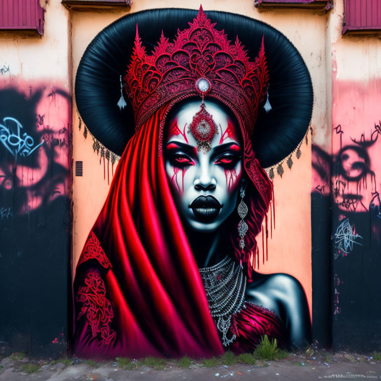 Colorful street art featuring woman in ornate headdress and red drapery against graffiti backdrop