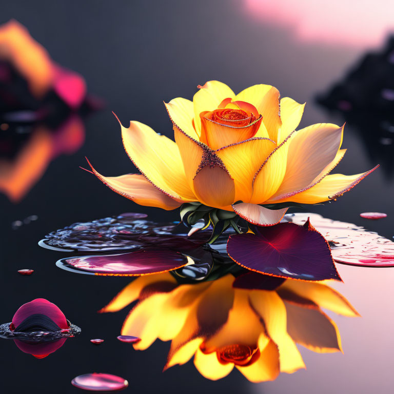 Yellow Rose with Red-Edged Petals Reflected on Water Surface