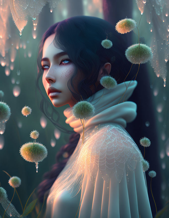 Ethereal woman in mystical forest with dandelion seeds and cobwebs