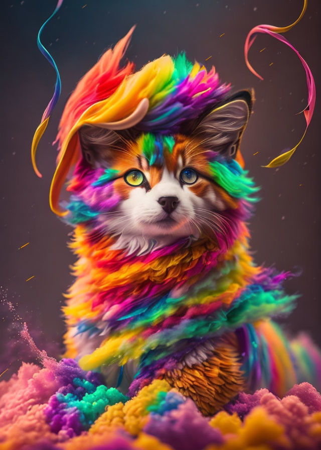 Vibrant Rainbow Fox Artwork with Whimsical Clouds