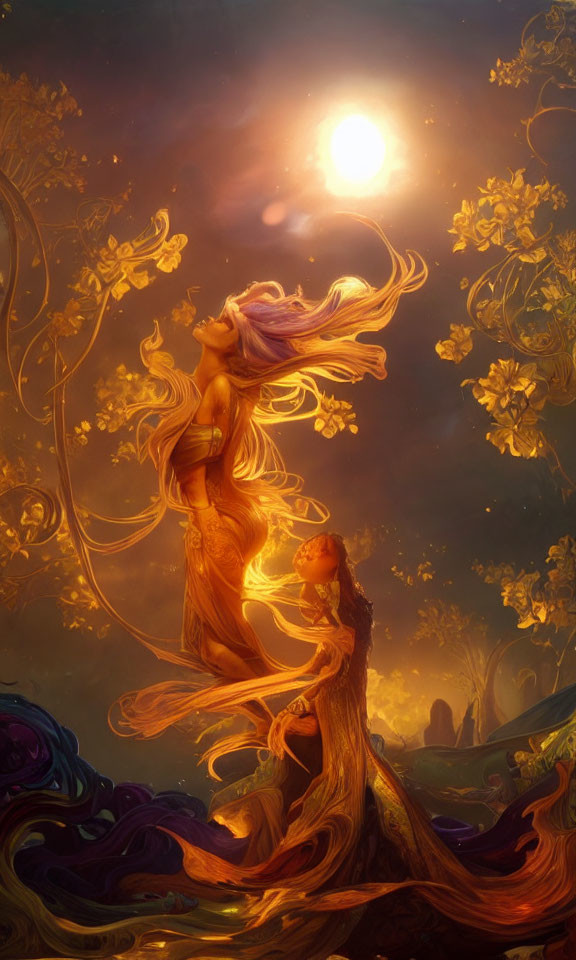 Ethereal female figures in flowing dresses among golden blossoms