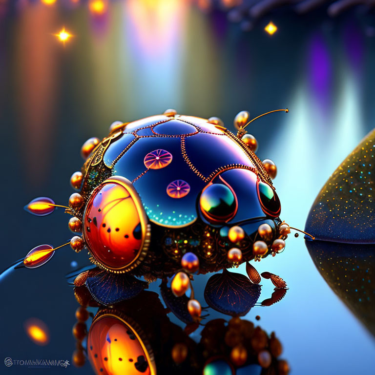 Colorful spherical entity with intricate patterns and delicate appendages on shiny surface.