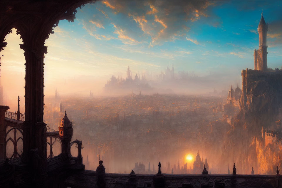 Gothic architecture in fantastical city sunset view