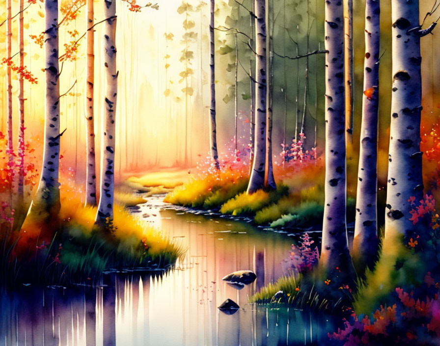 Colorful Watercolor Painting of Enchanting Forest with River