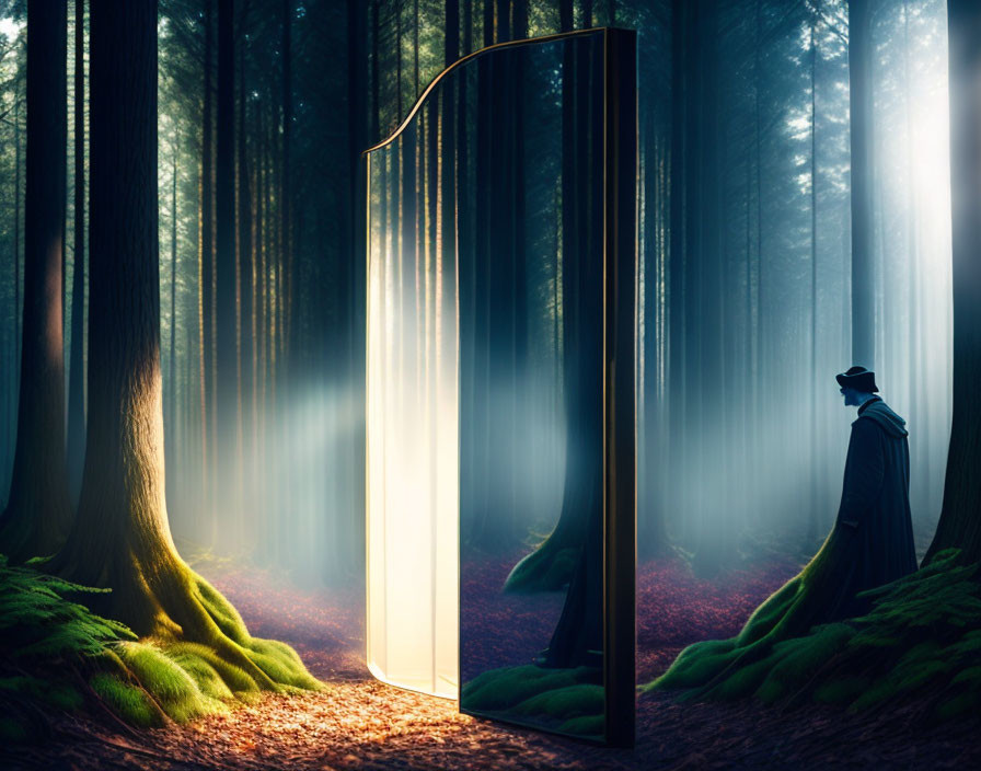 Mysterious figure near giant door in misty forest