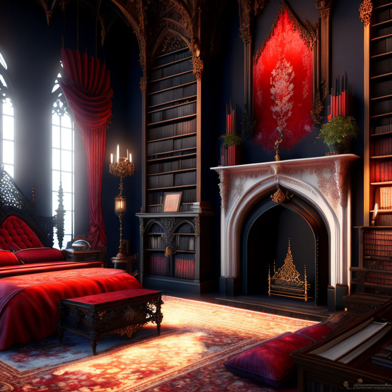 Luxurious Gothic-style room with red bed, fireplace, bookshelf, candelabras, and large