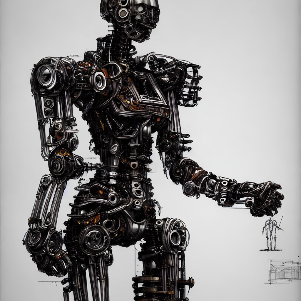 Detailed Mechanical Robot with Humanoid Features on White Background