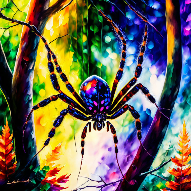 Colorful Spider Artwork in Forest Setting with Blurred Lights