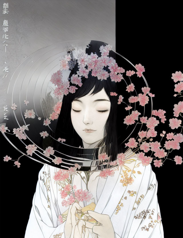 Monochromatic Illustration of Serene Woman with Cherry Blossoms and Vinyl Record Lines