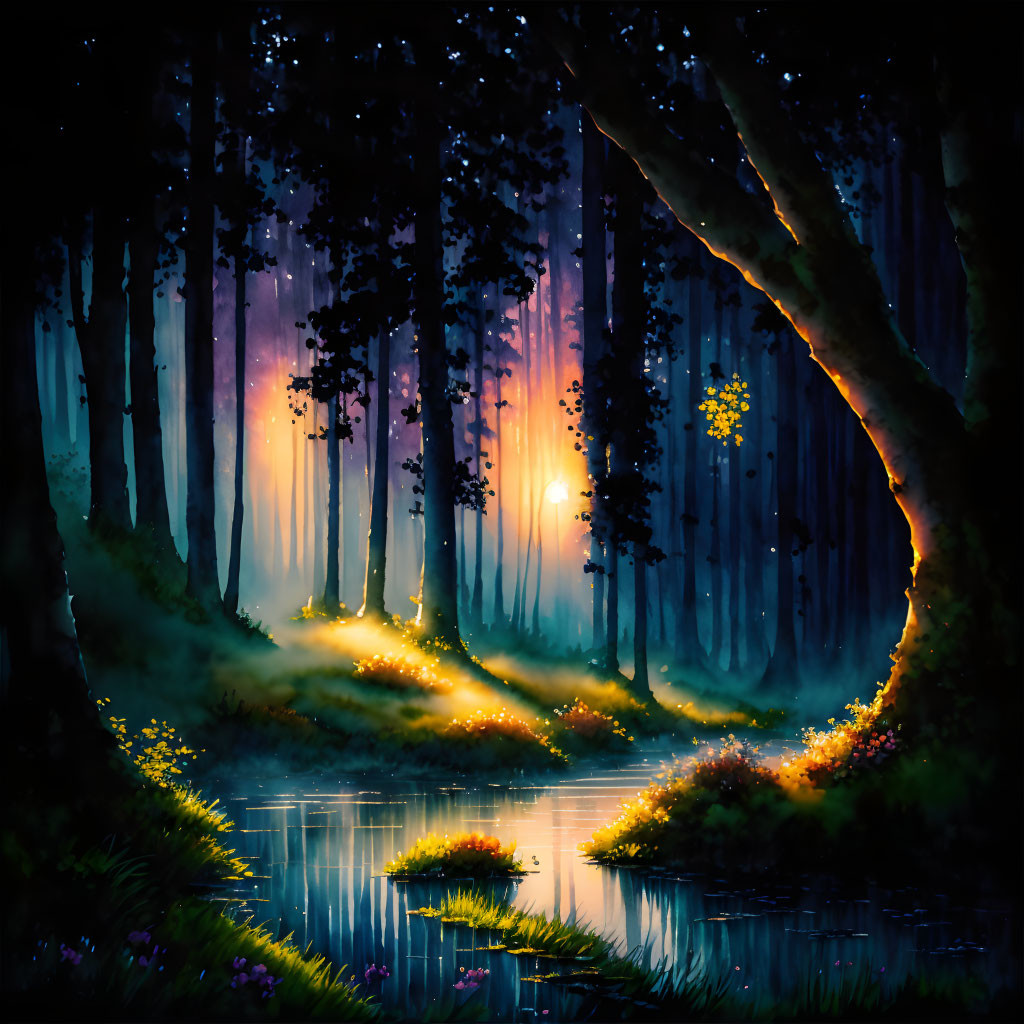 Twilight forest scene with glowing flowers, serene river, and gentle light.