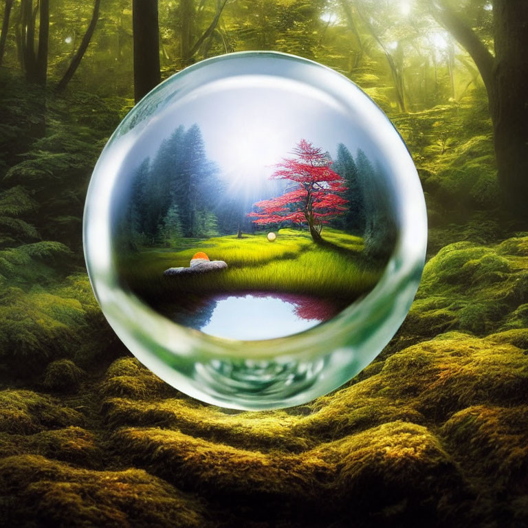 Vibrant red tree reflected in crystal ball on forest floor