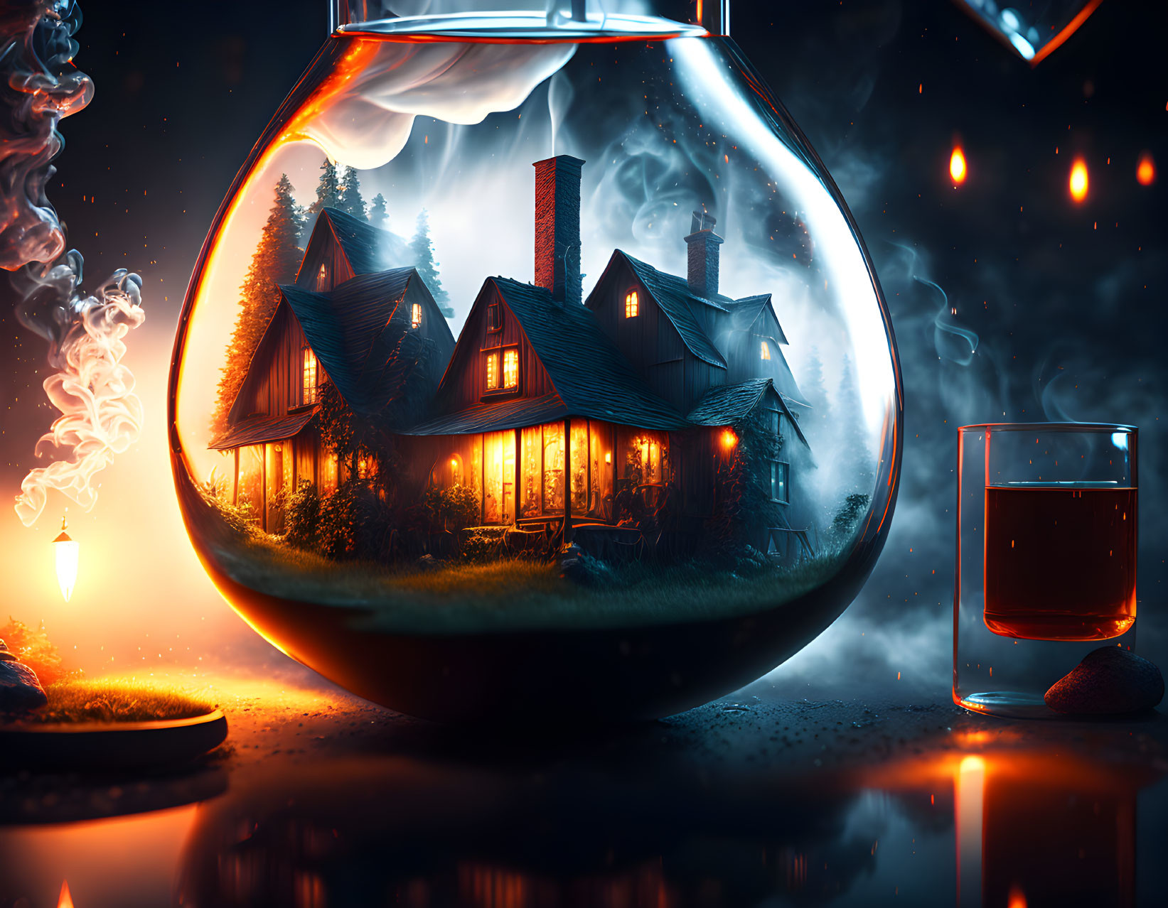 Warmly lit house in bulb terrarium with smoke, embers, and drink on reflective surface