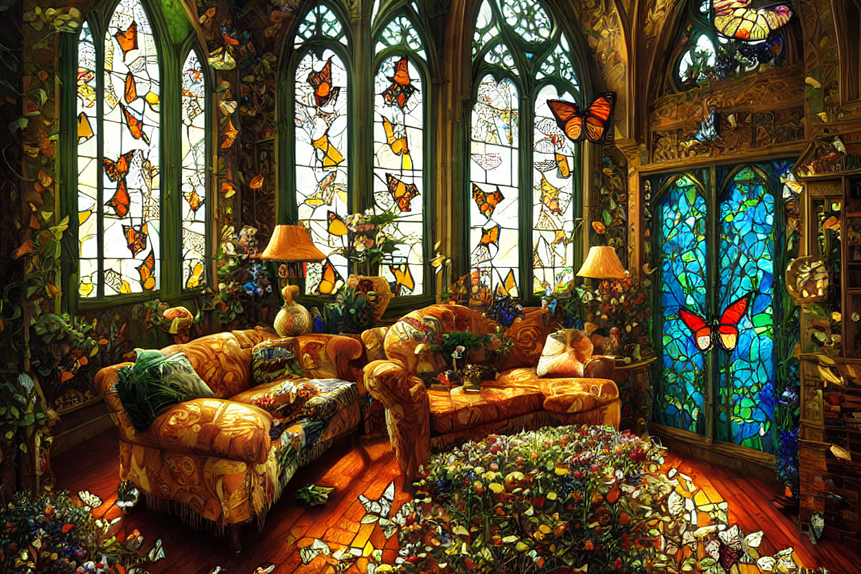 Ornate Room with Stained Glass Windows, Butterflies, Lush Plants, and Cozy