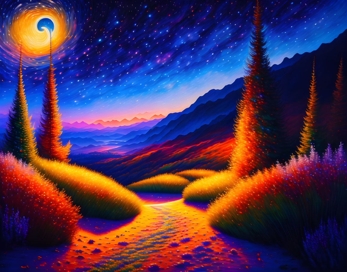 Twilight painting: Swirling star, glowing trees, reflective river