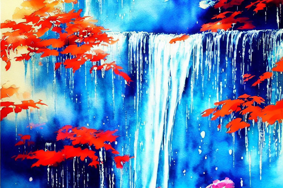 Colorful Watercolor Painting of Cascading Waterfall with Red Autumn Leaves