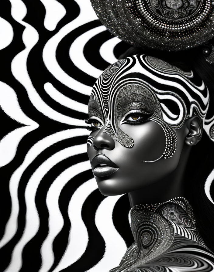 Black and white digital art portrait of woman with intricate patterns and bejeweled headdress