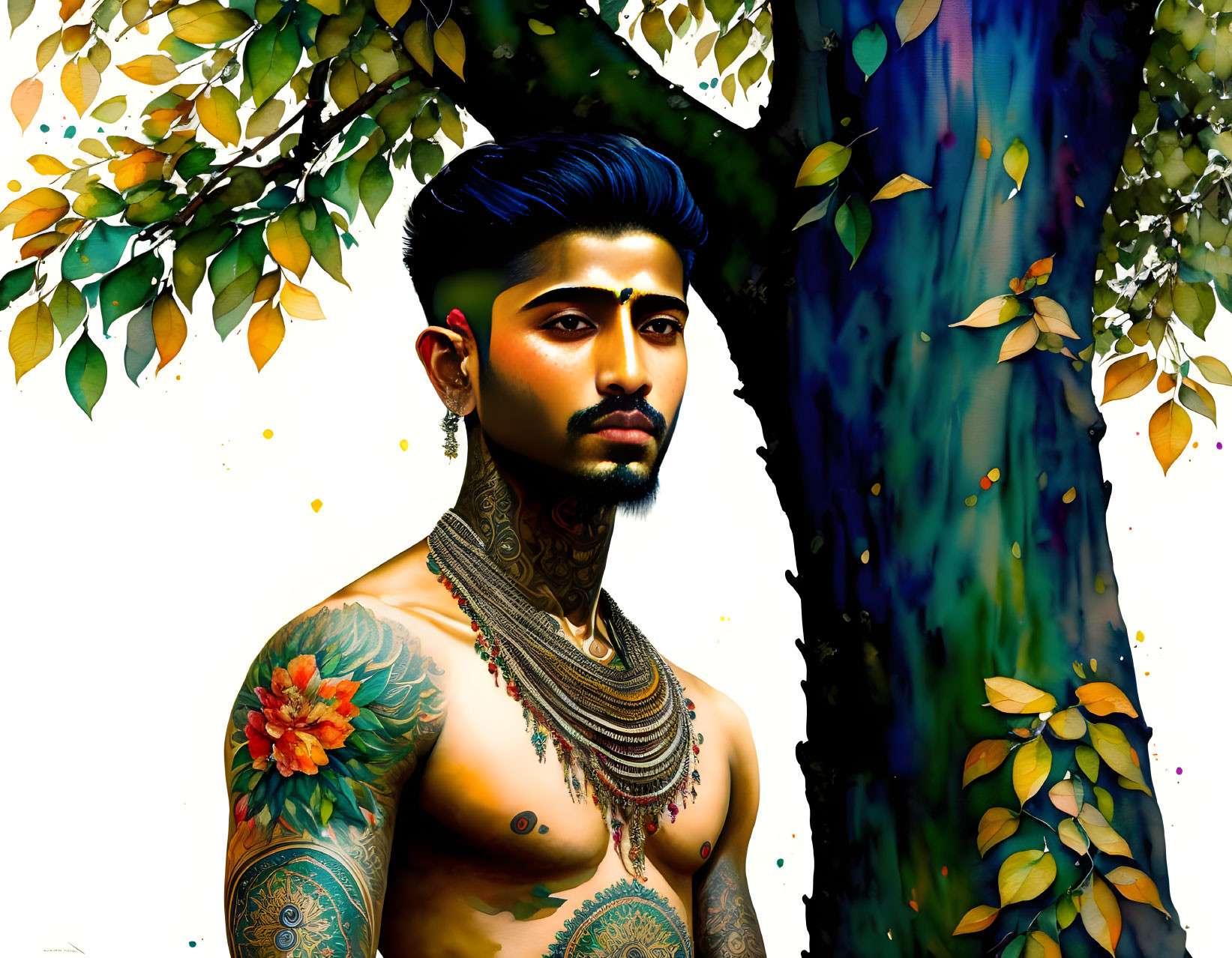 Tattooed man with blue hair and beard posing by tree with yellow and green leaves