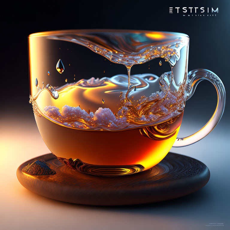 Translucent glass teacup overflowing with tea on dark blue background