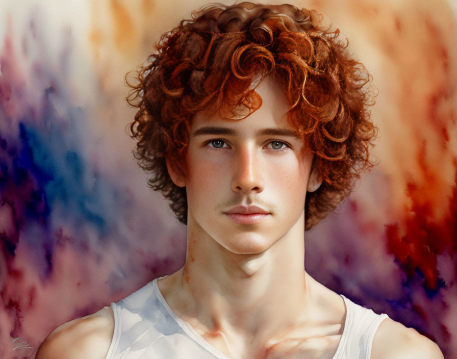 Young man with curly red hair and intense eyes against colorful abstract background