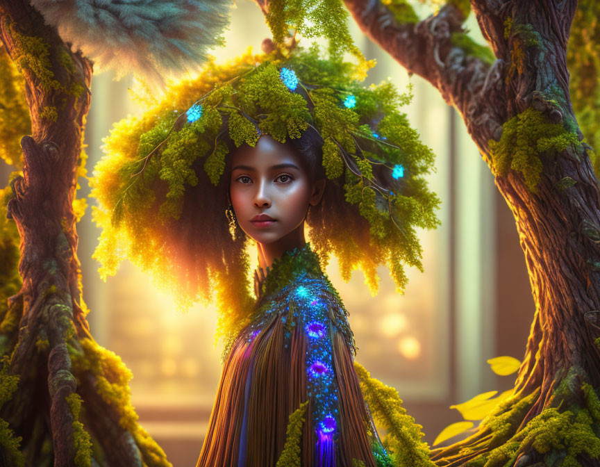 Mystical Woman in Forest-Themed Attire Surrounded by Glowing Lights