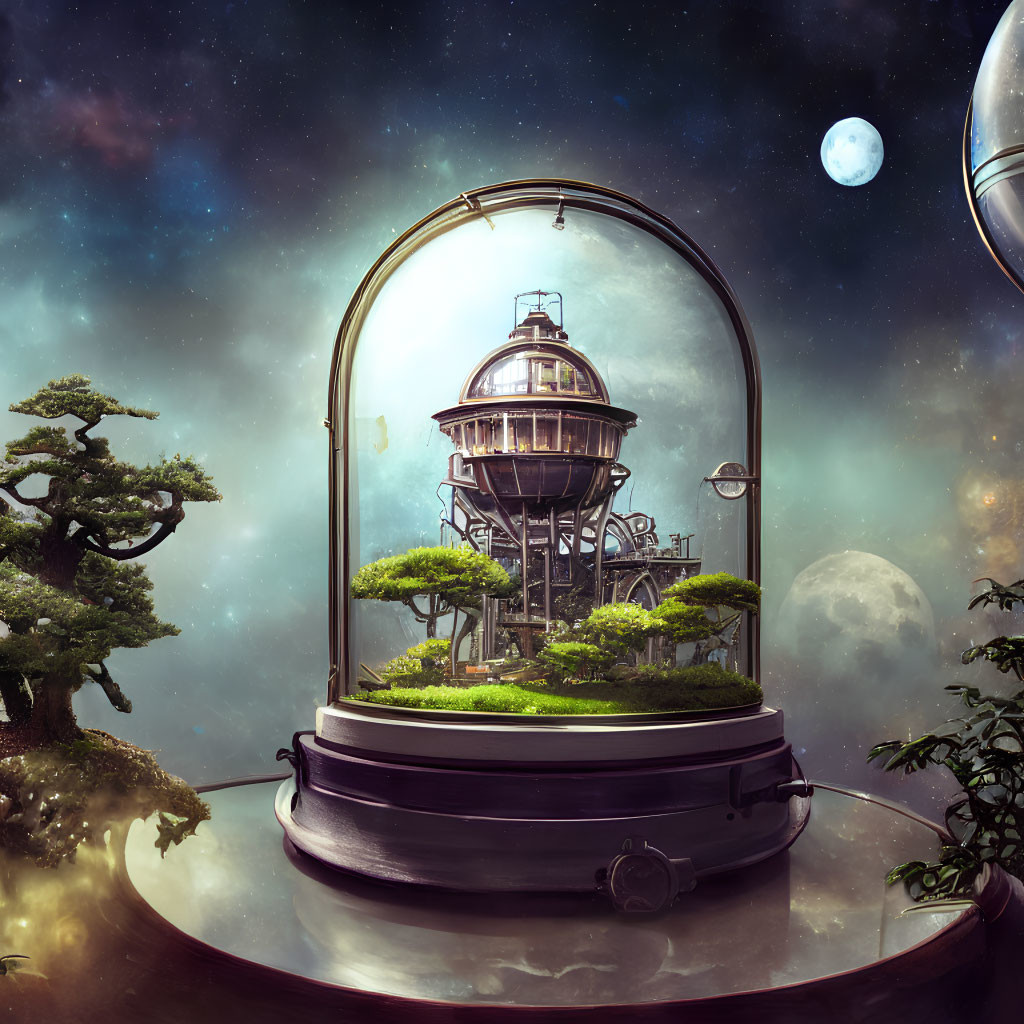 Victorian-style observatory in fantastical terrarium with cosmic backdrop