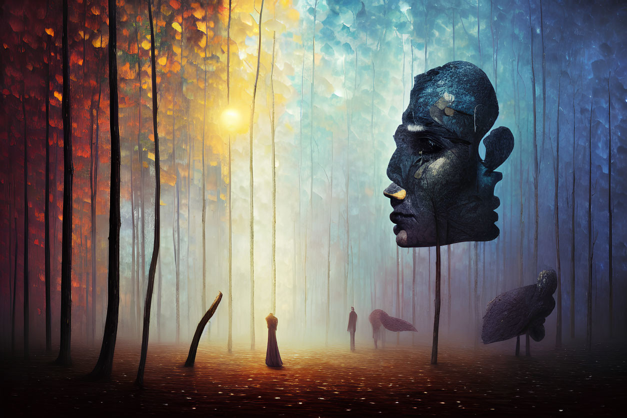Surreal forest scene with fragmented stone face, colorful trees, mist, sun, and abstract figures