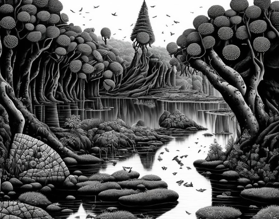 Detailed Monochrome Landscape with Trees, River, Waterfall, and Birds