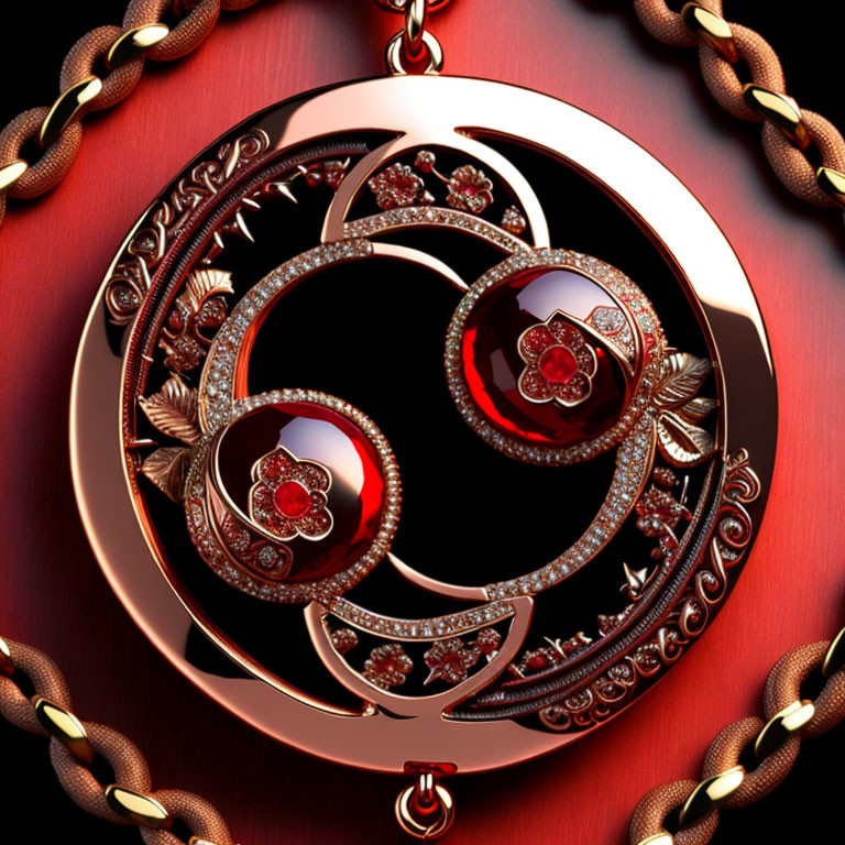 Circular Bronze Pendant with Gem Inlays on Red Background