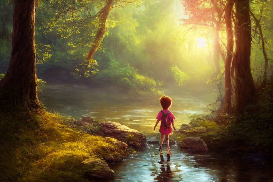 Child with backpack standing on stepping stones in serene forest creek