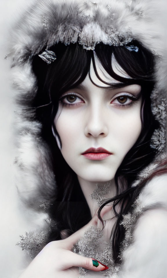 Portrait of woman with pale skin, dark hair, and striking eyes in white fur hood with frost hints