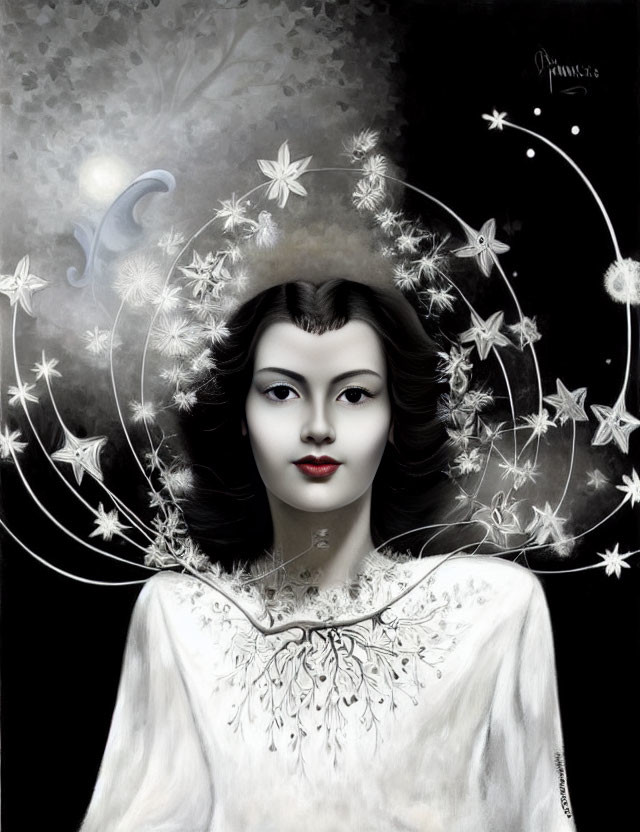 Monochromatic art: Woman with dark hair and pale skin, surrounded by flowers and stars