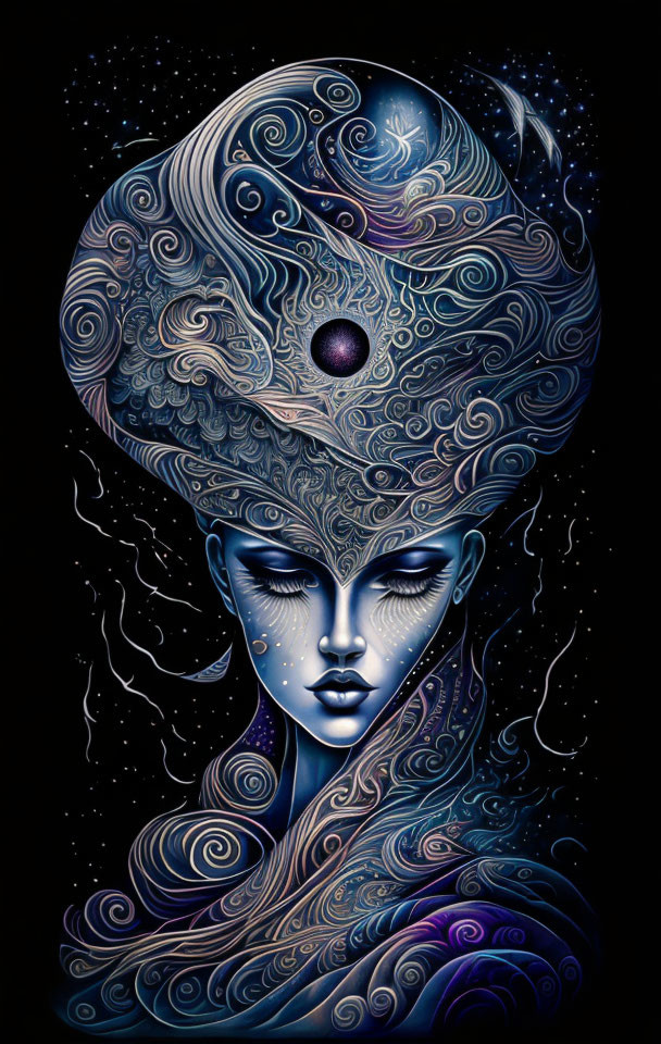 Surreal artwork: Woman's face with cosmic hair on dark background