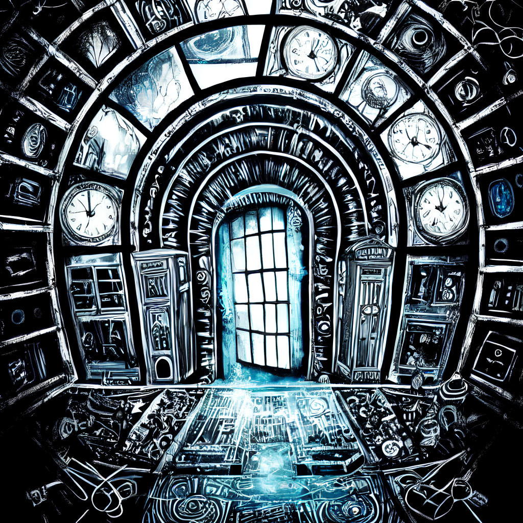 Surreal room with clocks, doors, patterns, and radiant window