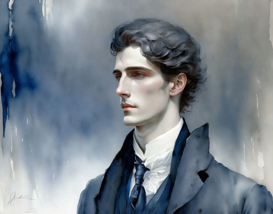 Young man in navy coat with wavy hair digital painting