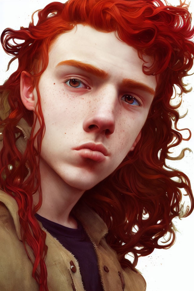 Portrait of person with curly red hair, fair skin, freckles, and amber eyes in subtle